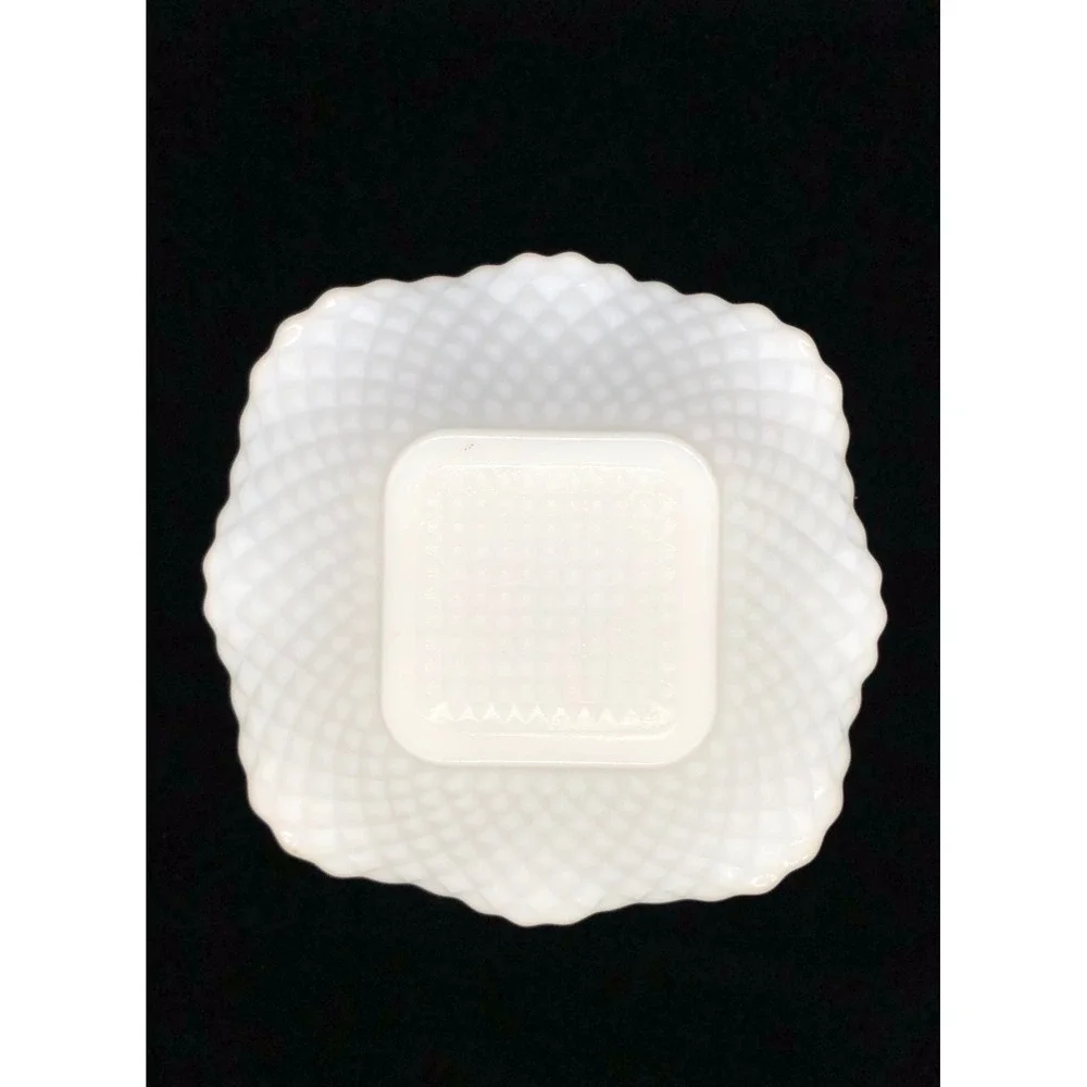 Vintage White Milk Glass Scalloped Ruffled Bowl Lattice Diamond Quilted 6.5 Inch